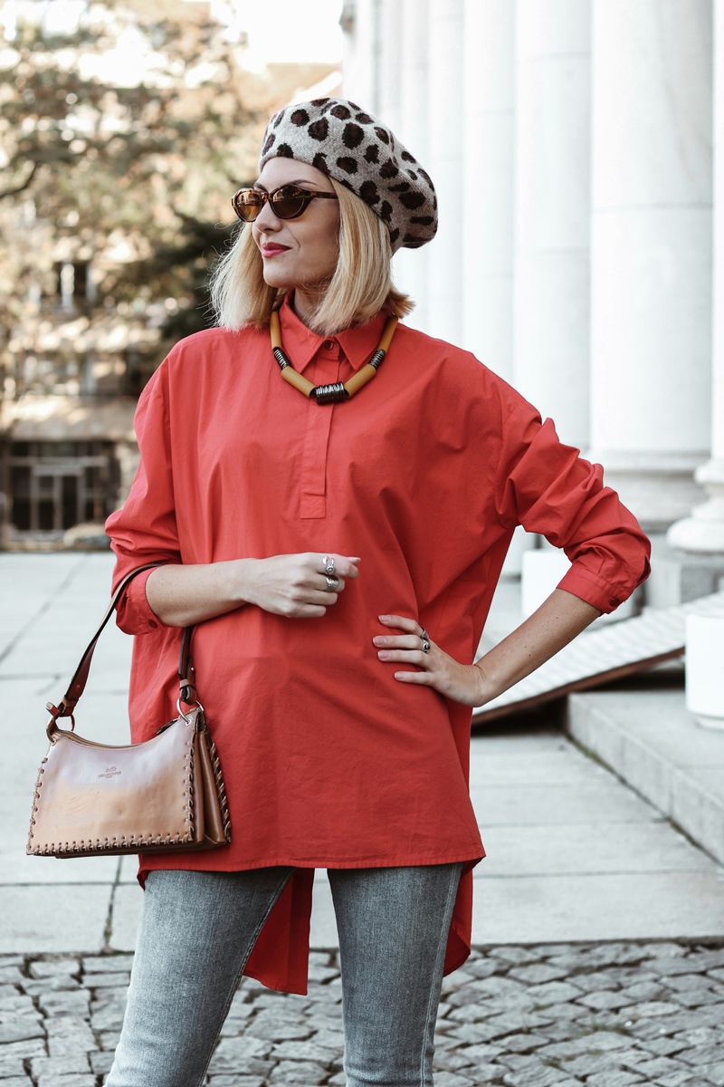 Red Oversized Shirt and French Beret Autumn Outfit