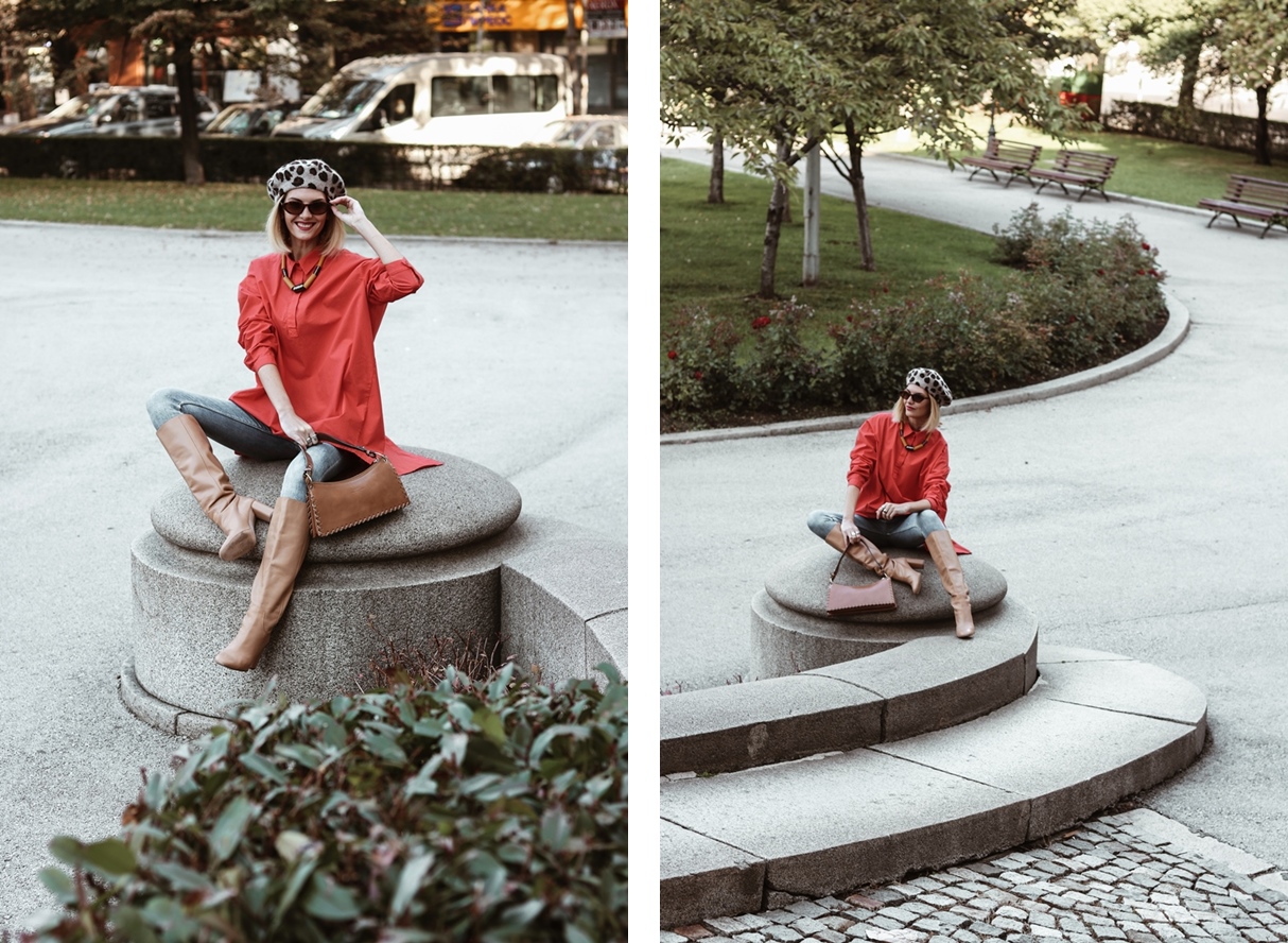 Red Oversized Shirt and French Beret Autumn Outfit