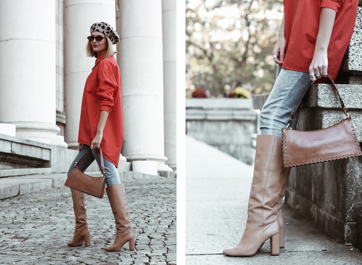Red Oversized Shirt, Camel Boots and French Beret Autumn Outfit