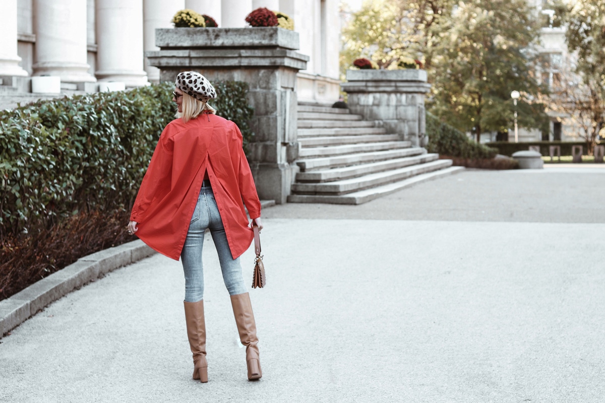 Red Oversized Shirt and French Beret Autumn Outfit