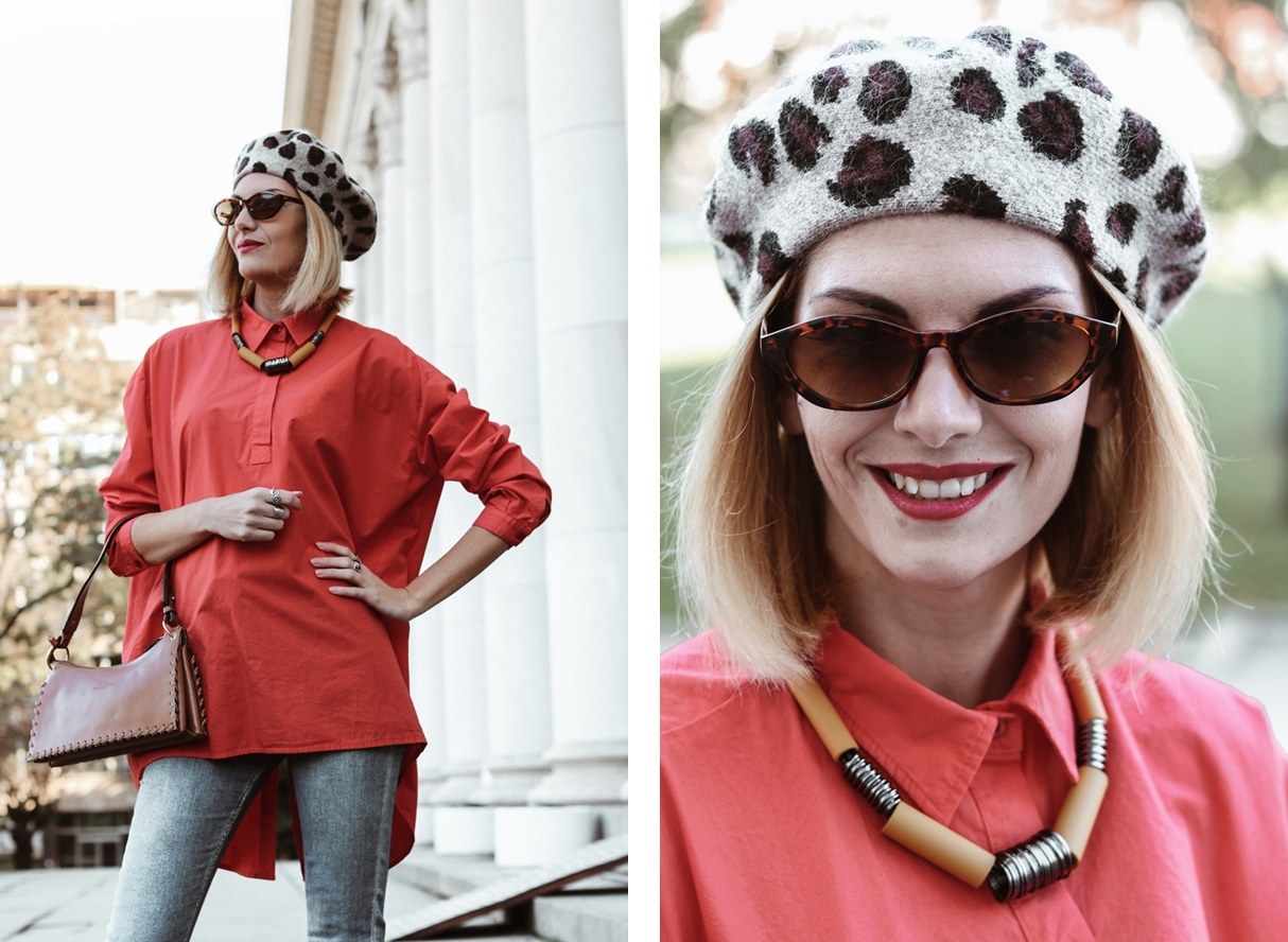 Red Oversized Shirt and French Beret Autumn Outfit