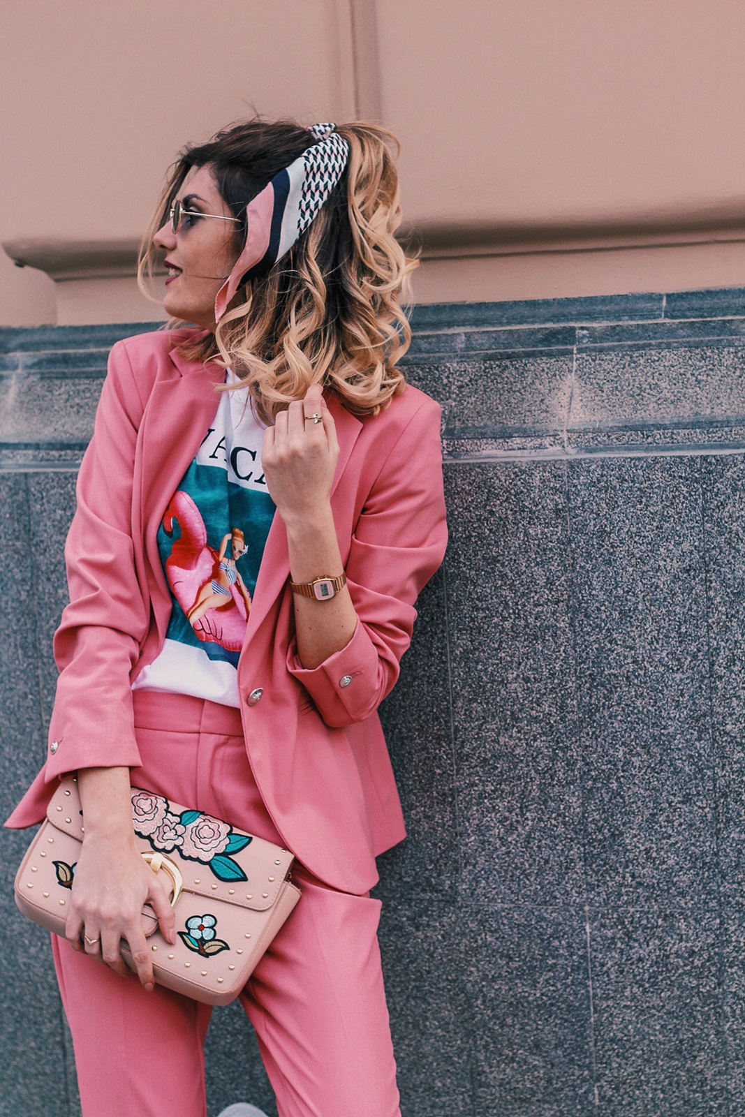 Pink Zara Blazer and Trousers, Barbie Print T-shirt, Nike Air Max Sneakers