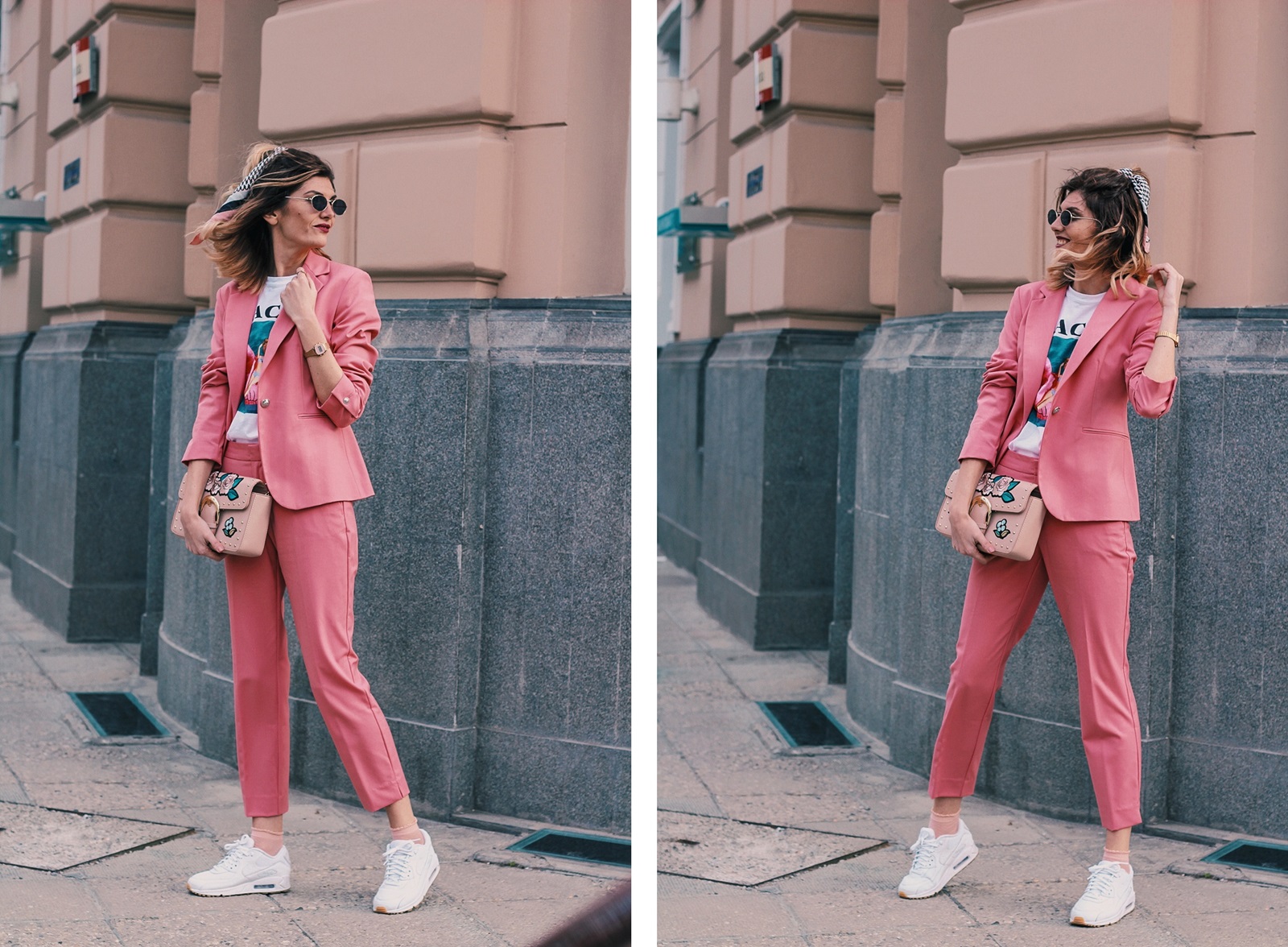 Pink Zara Blazer and Trousers, Barbie Print T-shirt, Nike Air Max Sneakers