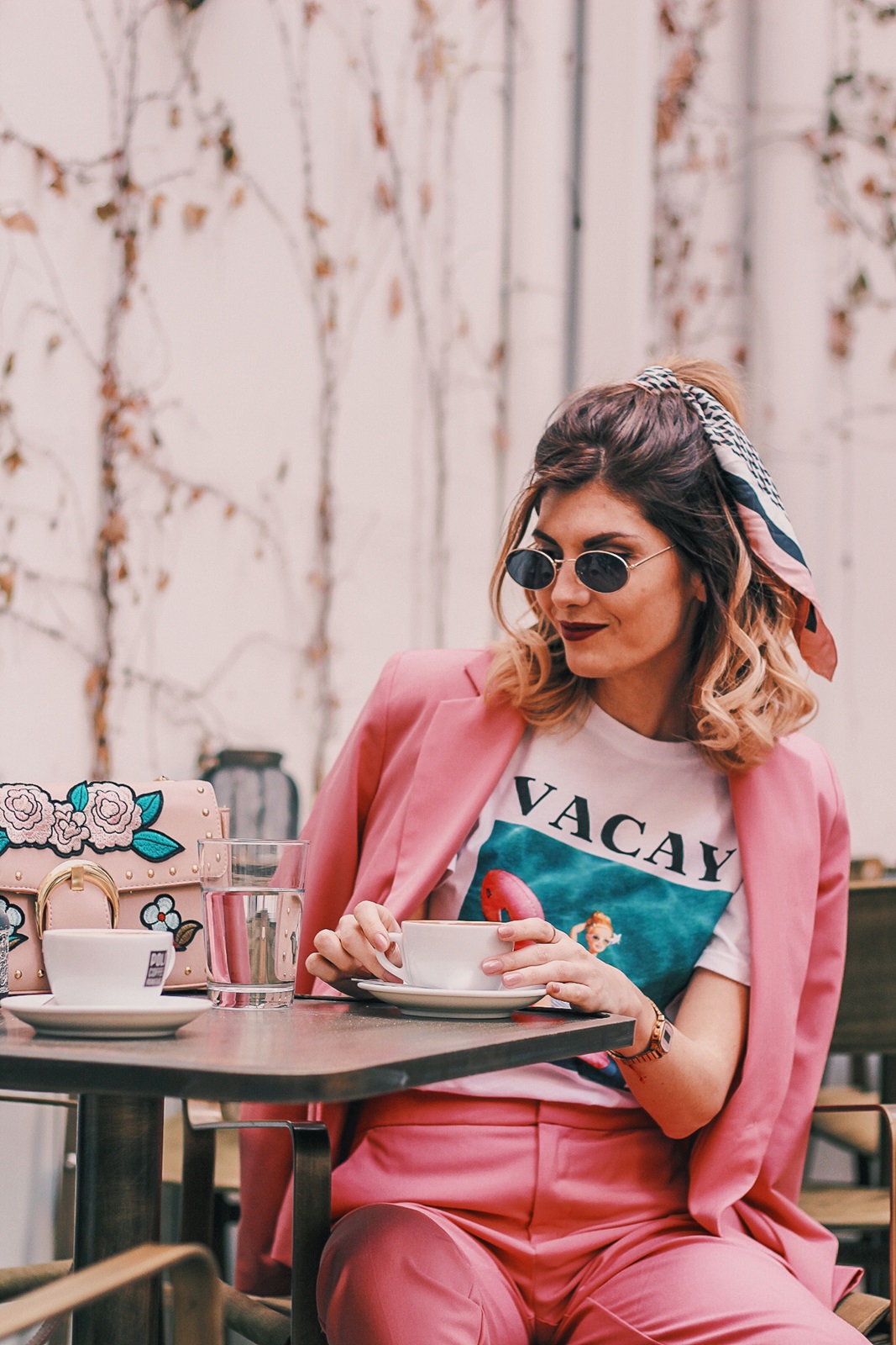 Pink Zara Blazer and Trousers, Barbie Print T-shirt, Nike Air Max Sneakers