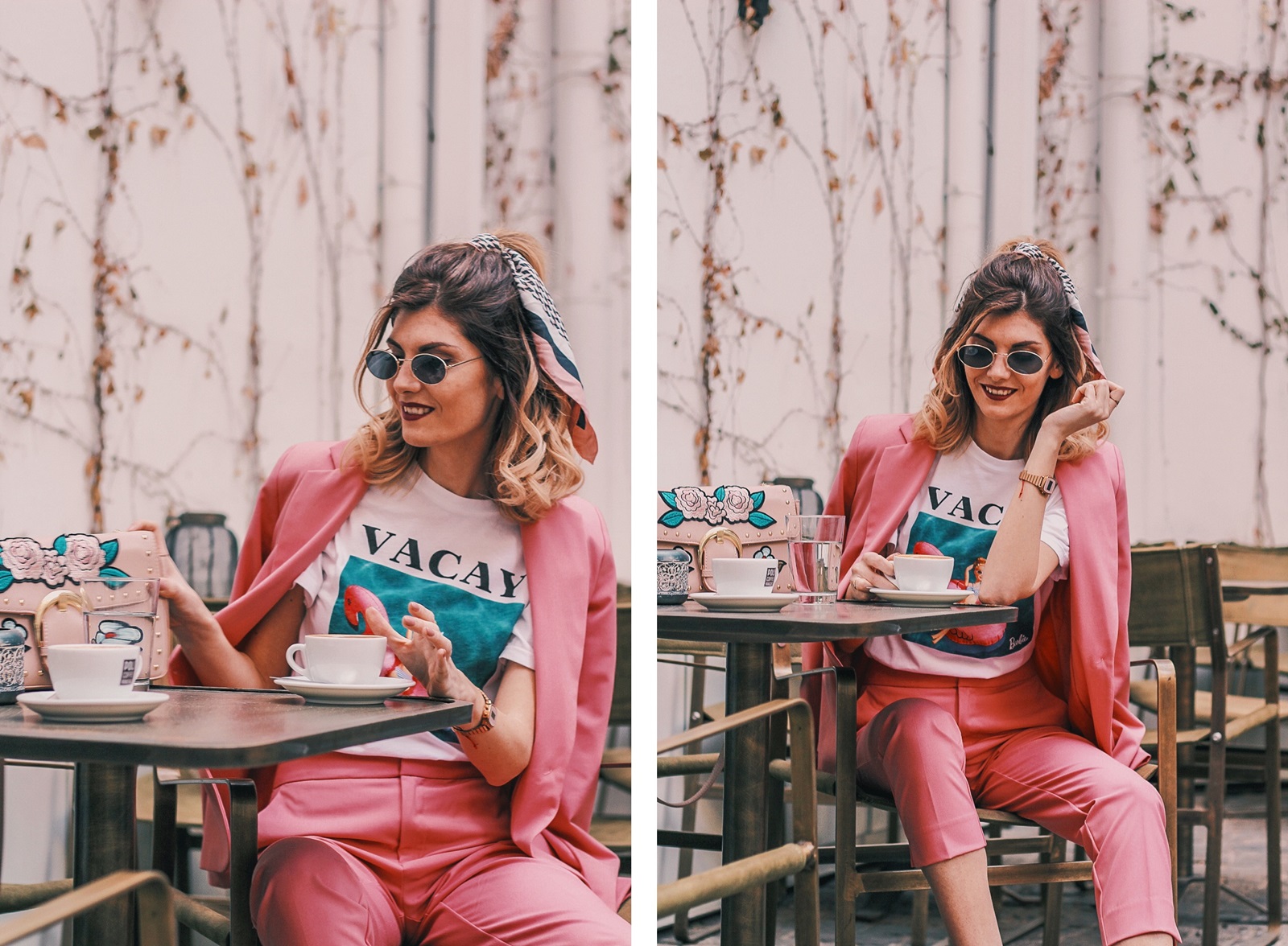 Pink Zara Blazer and Trousers, Barbie Print T-shirt, Nike Air Max Sneakers