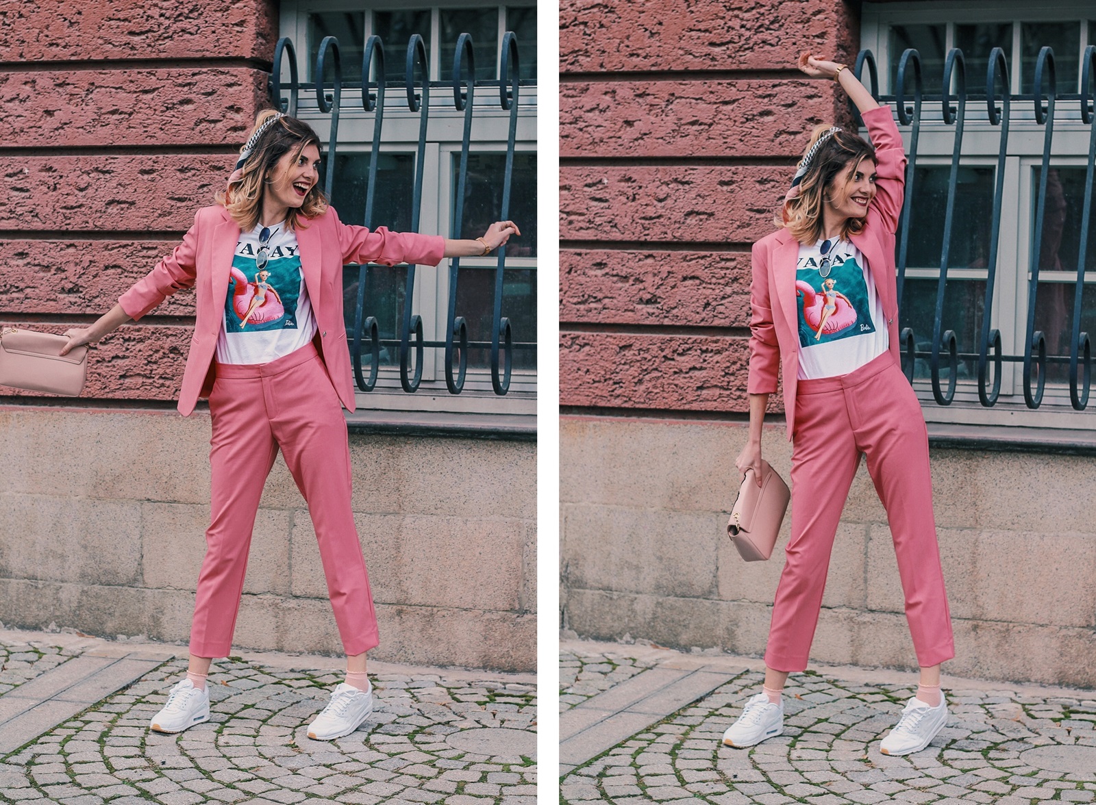 Pink Zara Blazer and Trousers, Barbie Print T-shirt, Nike Air Max Sneakers