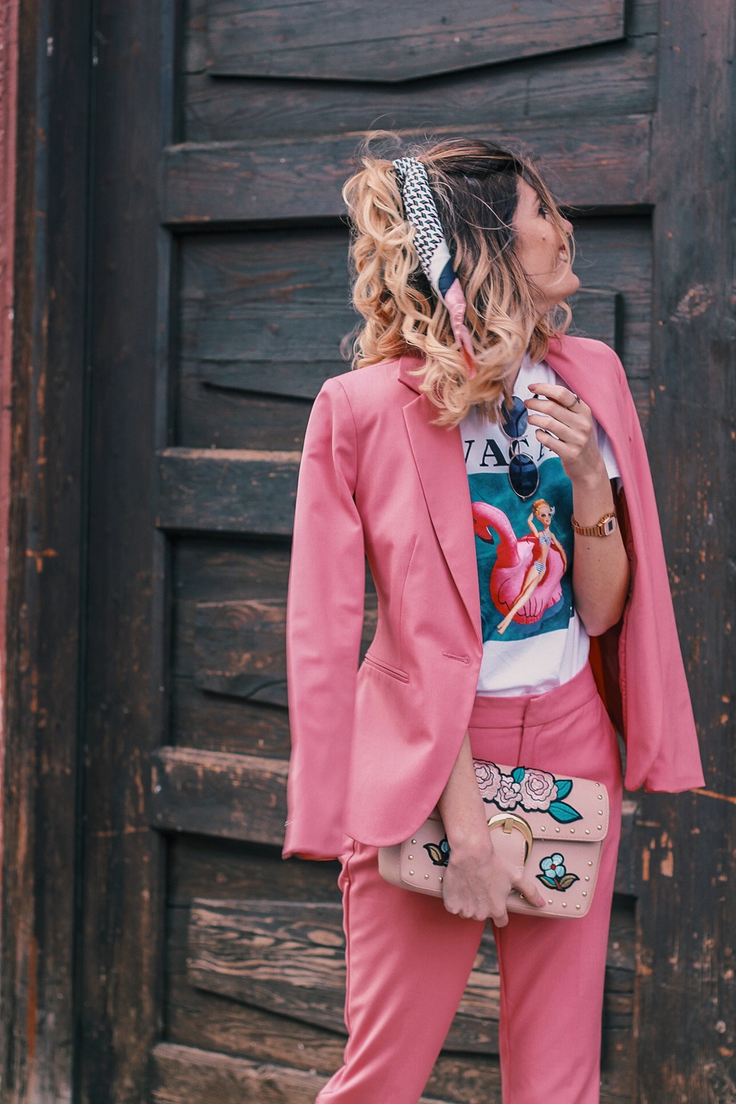 Pink Zara Blazer and Trousers, Barbie Print T-shirt, Nike Air Max Sneakers