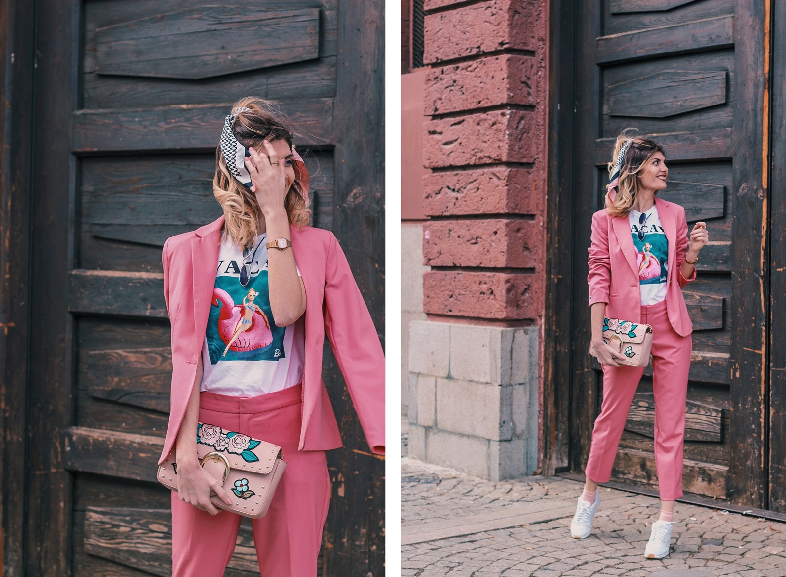 Pink Zara Blazer and Trousers, Barbie Print T-shirt, Nike Air Max Sneakers