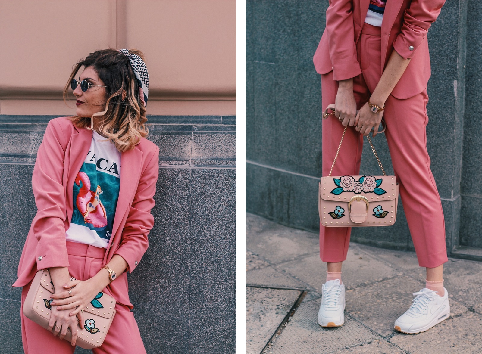 Pink Zara Blazer and Trousers, Barbie Print T-shirt, Nike Air Max Sneakers