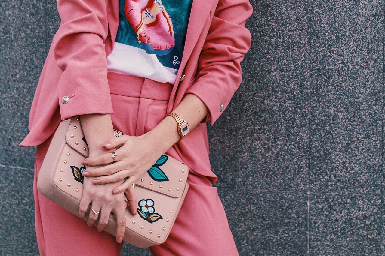 Pink Zara Blazer and Trousers, Barbie Print T-shirt, Nike Air Max Sneakers