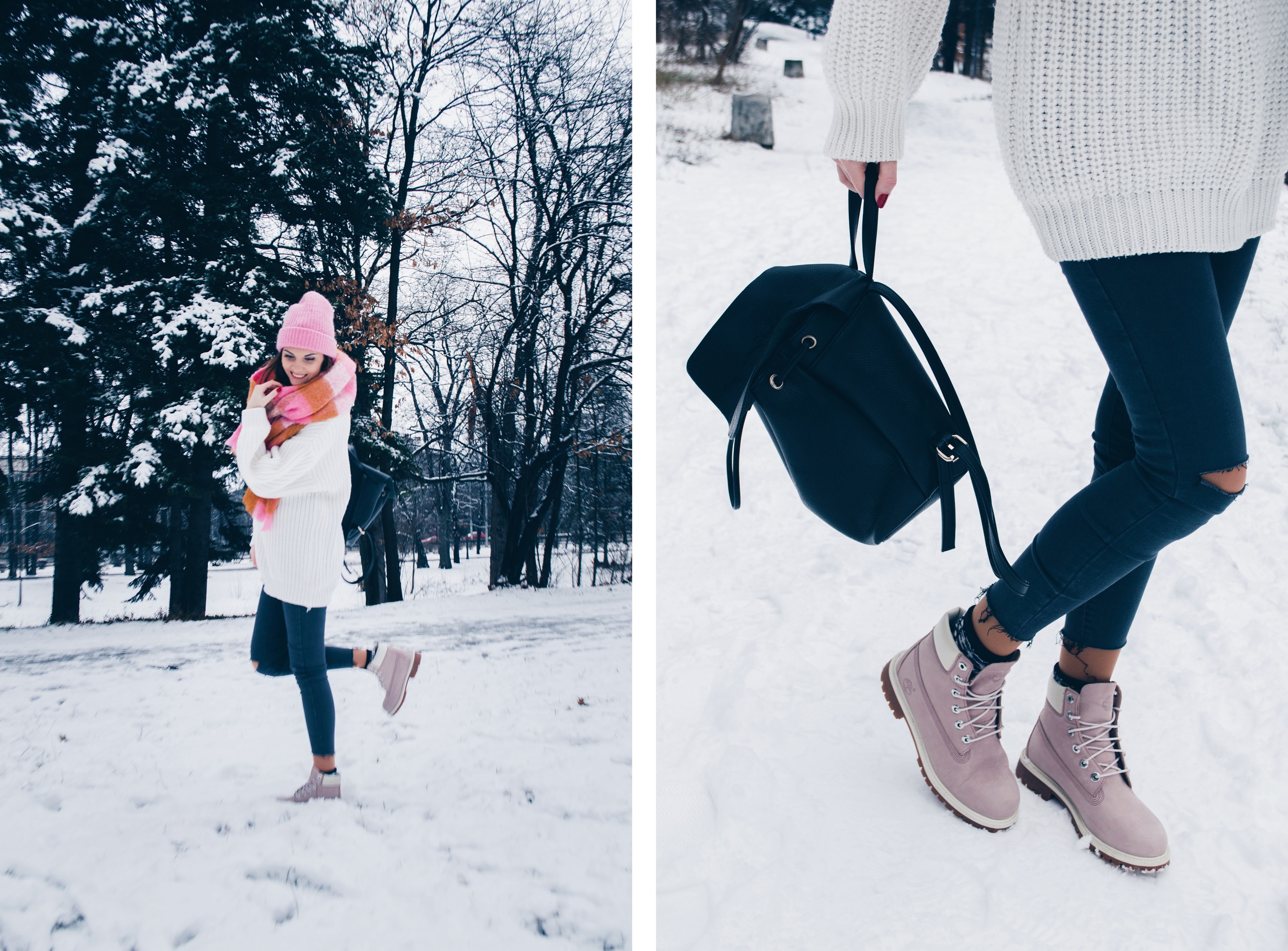 winter outfit, oversized sweater, bright pink scarf