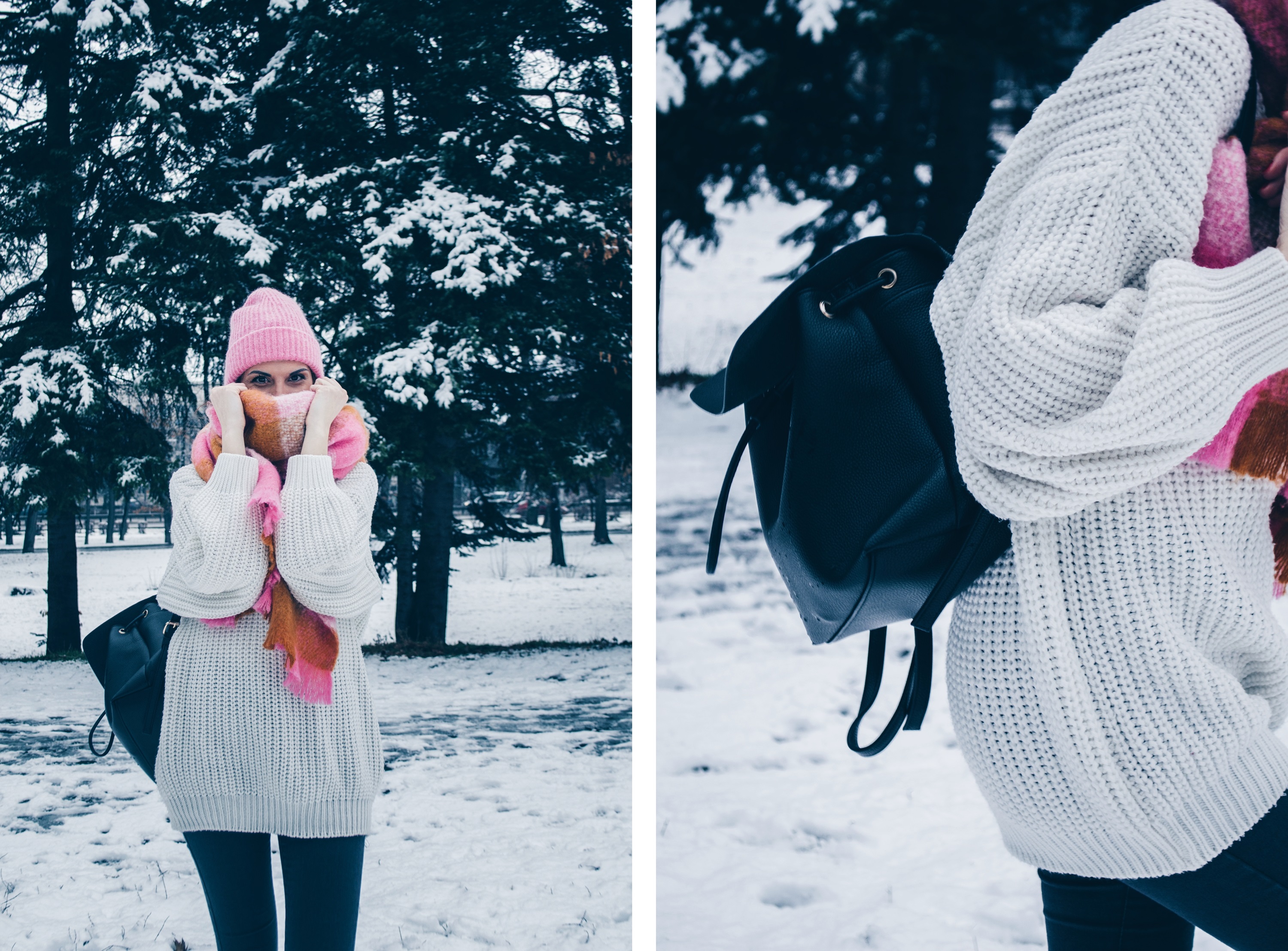 winter outfit, oversized sweater, bright pink scarf