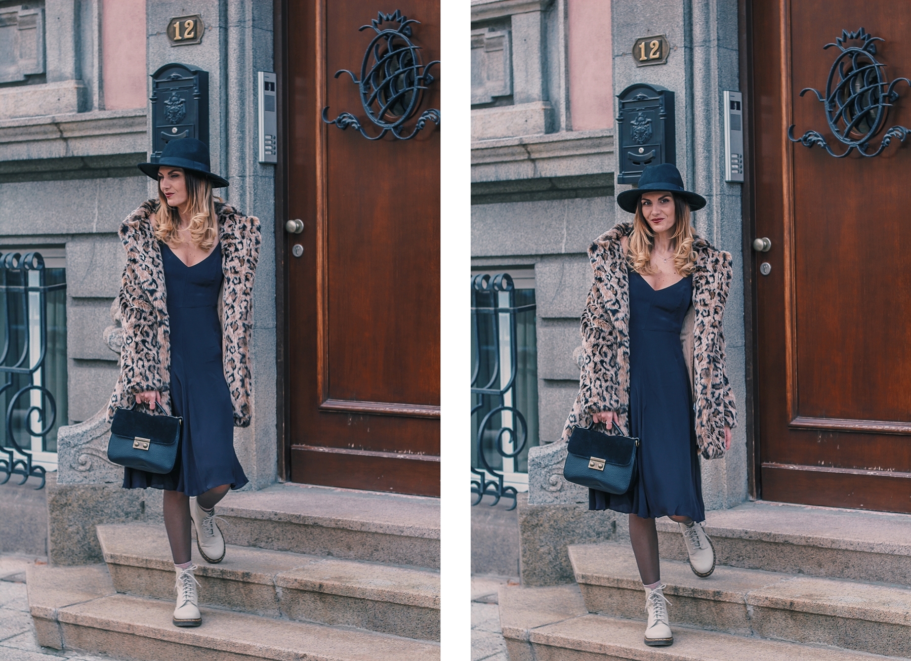 Leopard Bershka Coat, Black Calvin Clein Dress, Dr Martens Boots, Pepe Jeans Bag