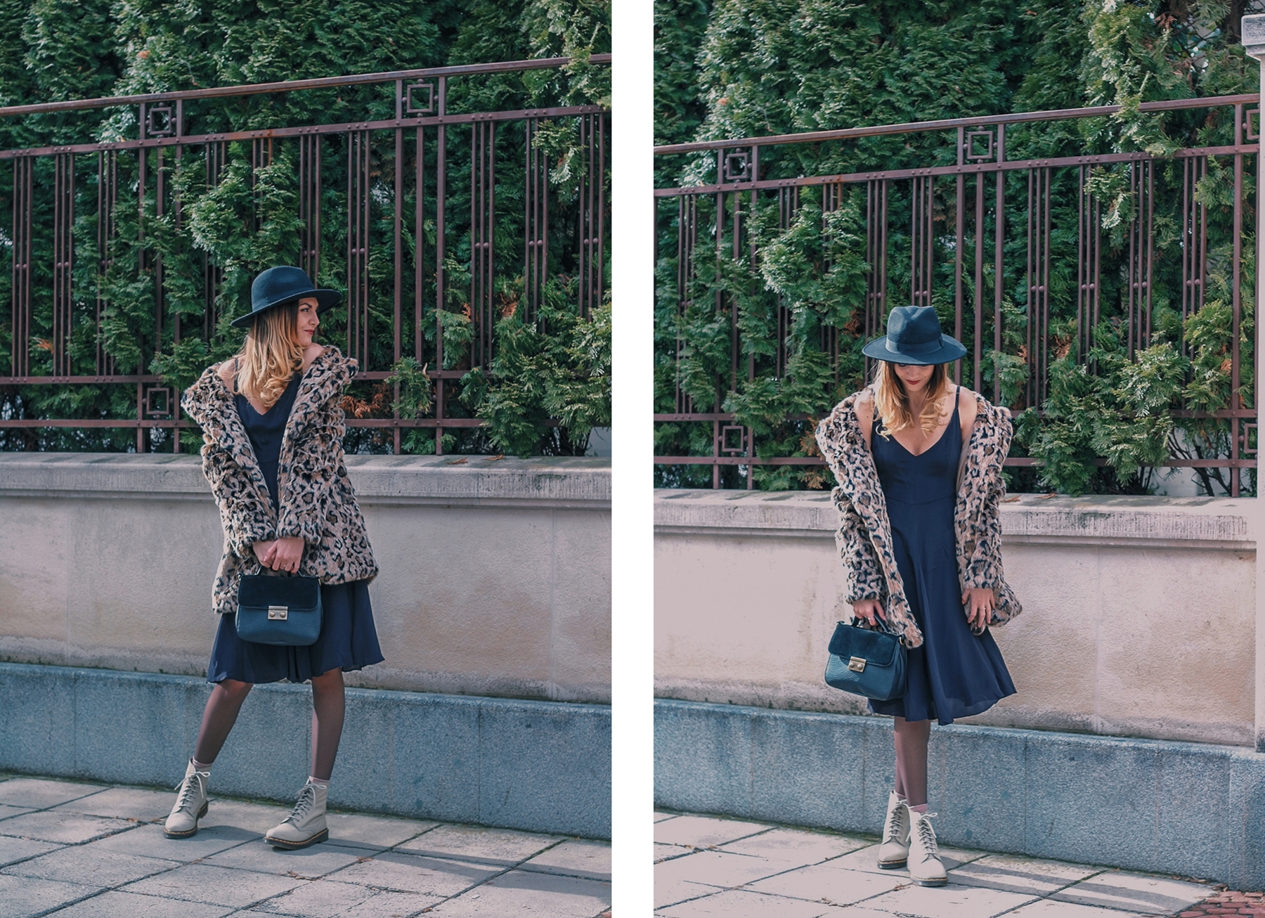 Leopard Bershka Coat, Black Calvin Clein Dress, Dr Martens Boots, Pepe Jeans Bag