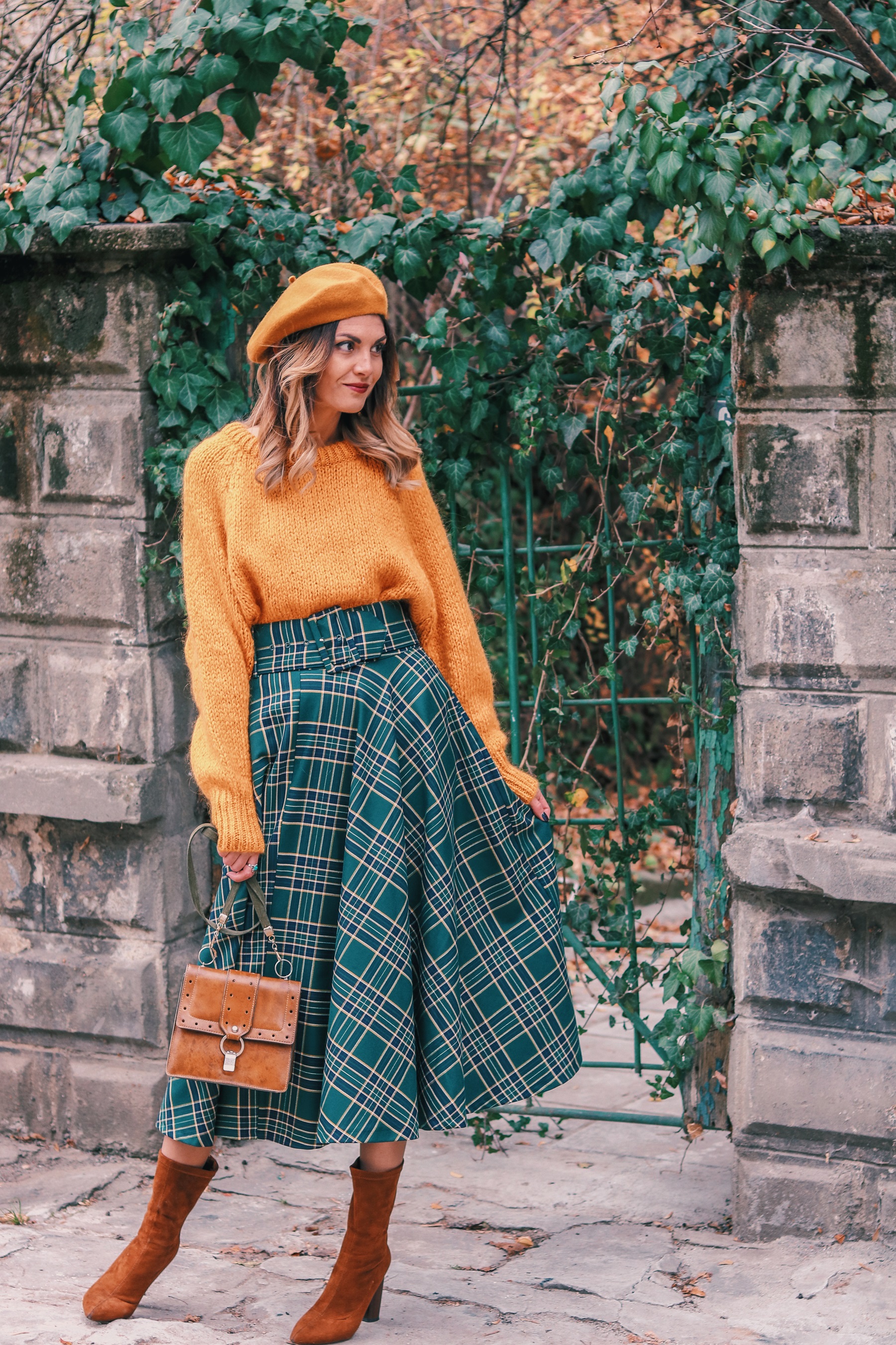 Zara Autumn Winter Outfit Yellow Sweater Plaid Midi Skirt