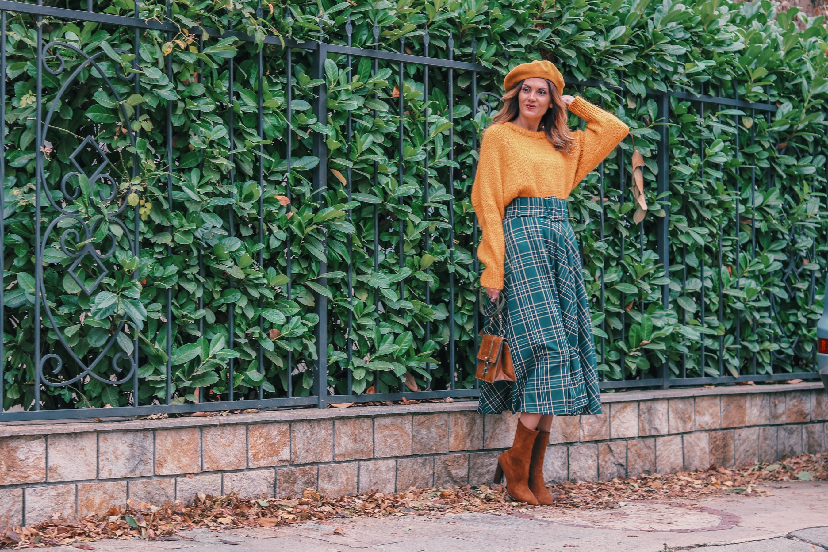 Zara Autumn Winter Outfit Yellow Sweater Plaid Midi Skirt