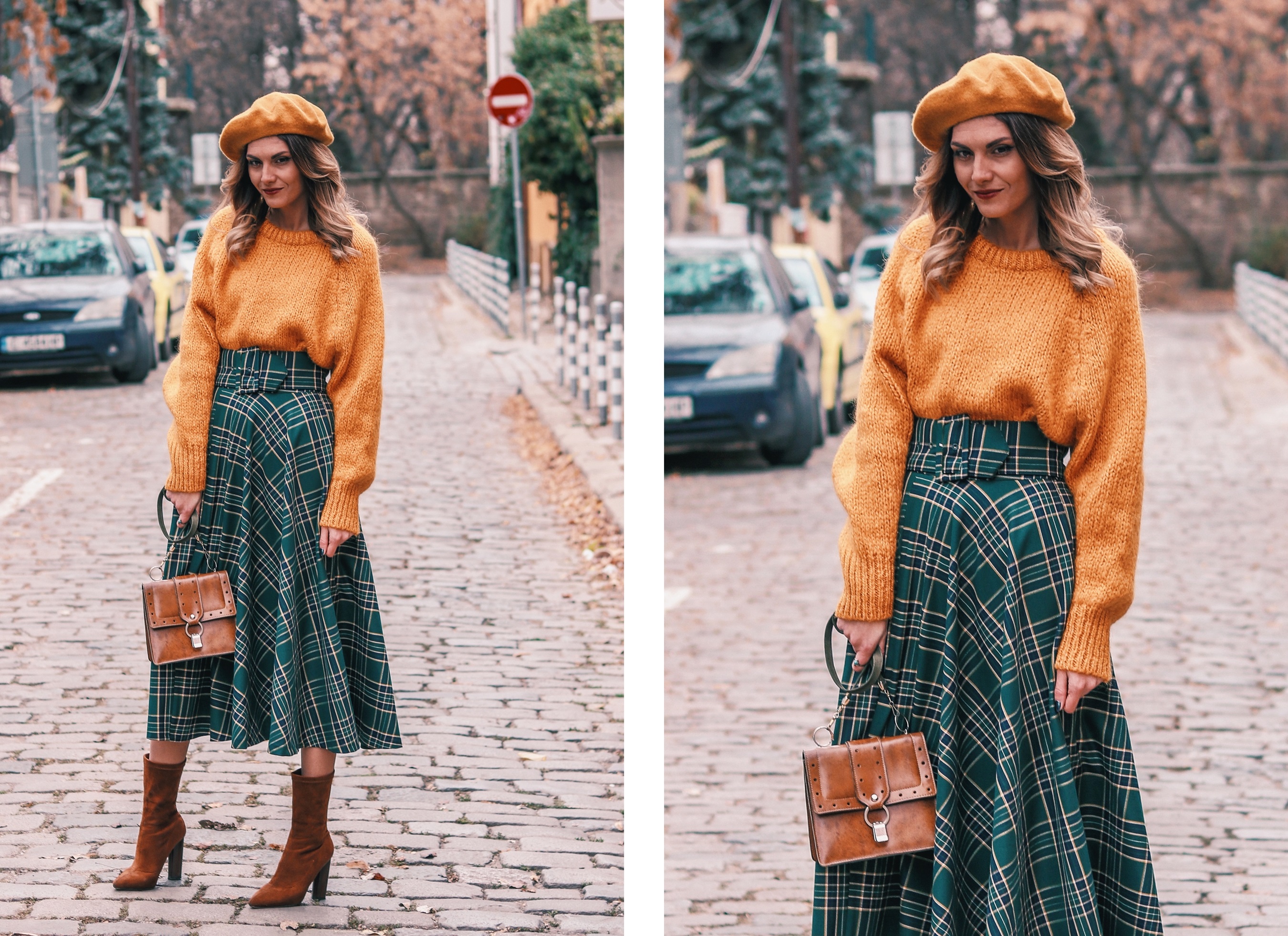 Zara Autumn Winter Outfit Yellow Sweater Plaid Midi Skirt