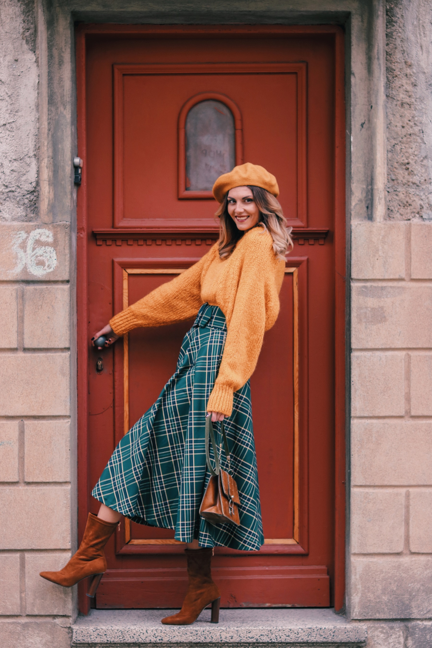 Zara Autumn Winter Outfit Yellow Sweater Plaid Midi Skirt