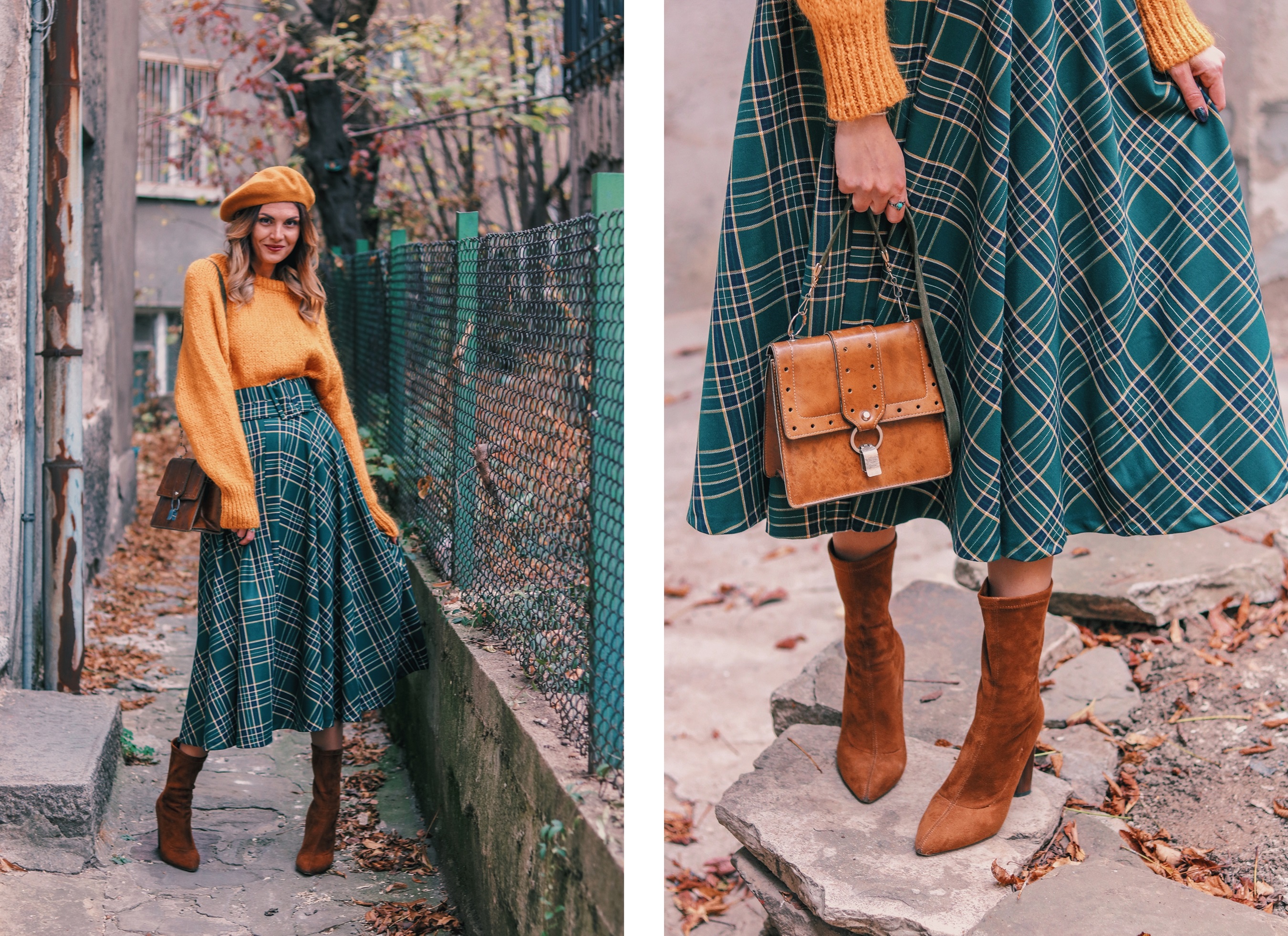 Zara Autumn Winter Outfit Yellow Sweater Plaid Midi Skirt