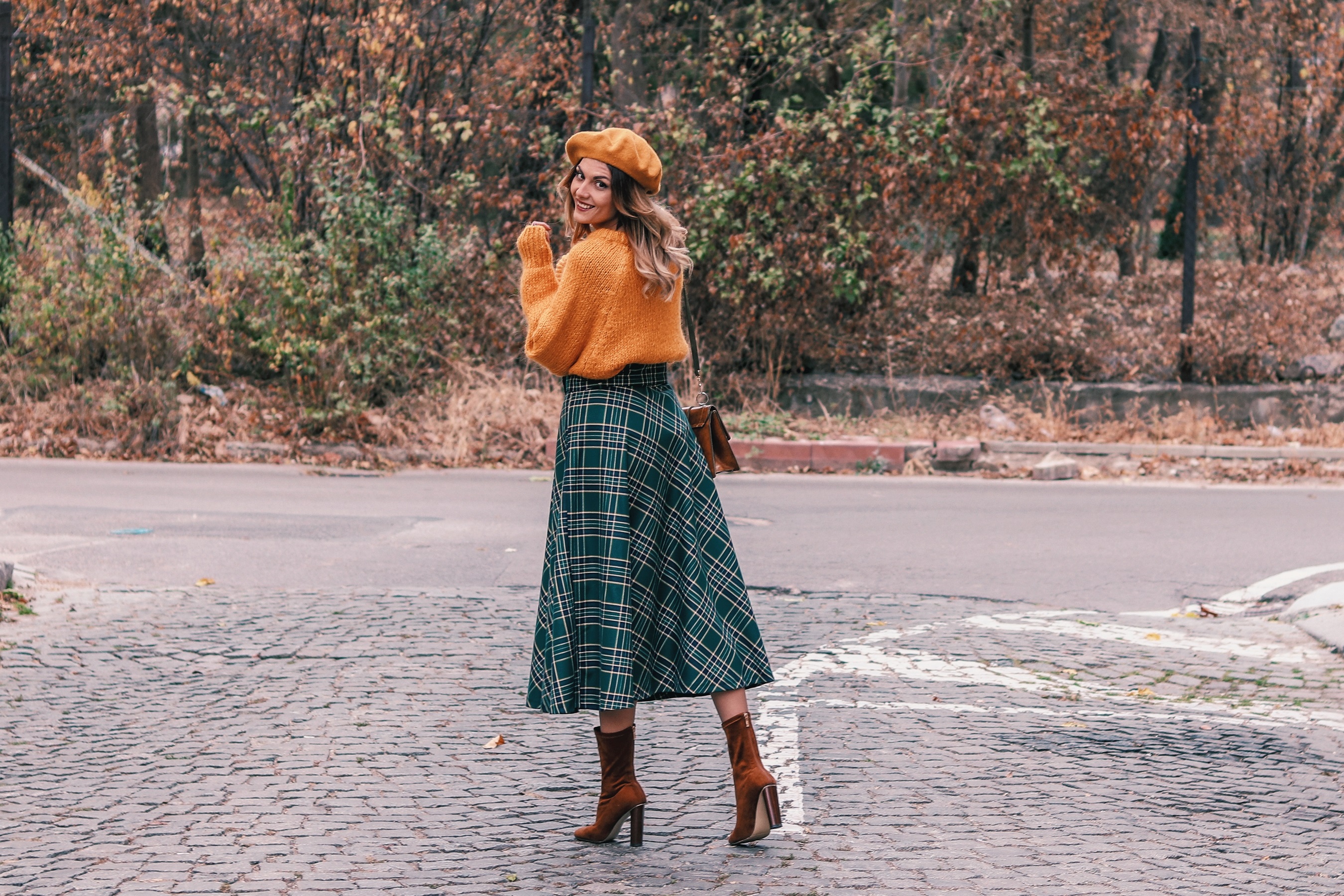 Zara Autumn Winter Outfit Yellow Sweater Plaid Midi Skirt